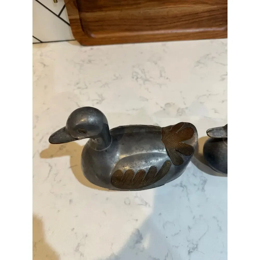 vintage pewter brass duck trinket boxes made in Hong Kong cabin rustic MCM